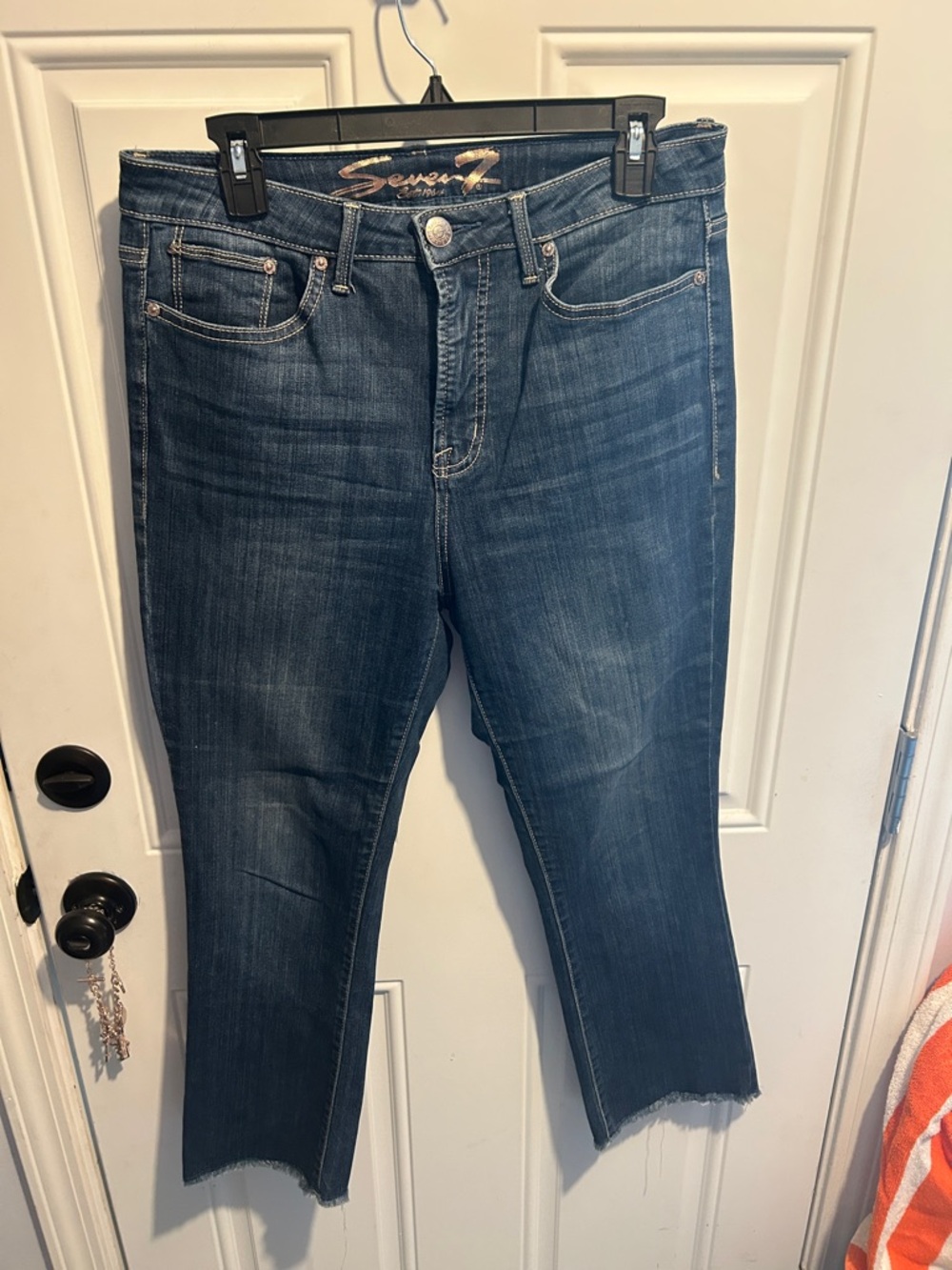 Seven7 Dark Blue Cropped Raw-Hem Straight Jeans